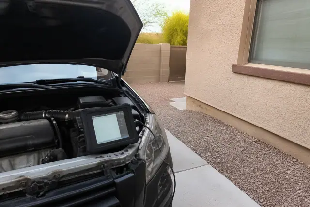 Technician performing check engine light diagnostics on a vehicle at a residential home in Phoenix, AZ.