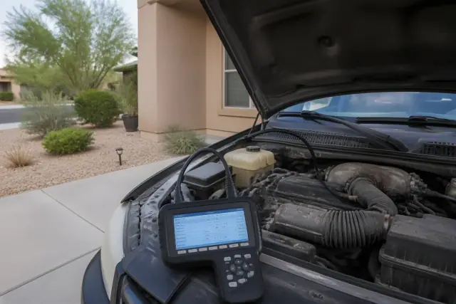 Diagnostic scan tool connected to a vehicle with an open hood in a Phoenix, AZ driveway.