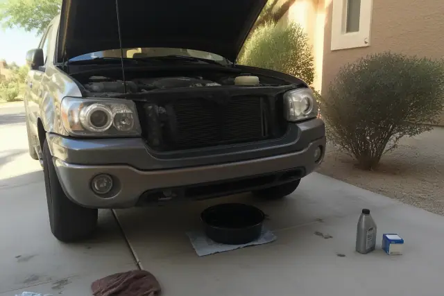 Car with raised hood and oil change supplies on a concrete driveway at a home in Phoenix, AZ.
