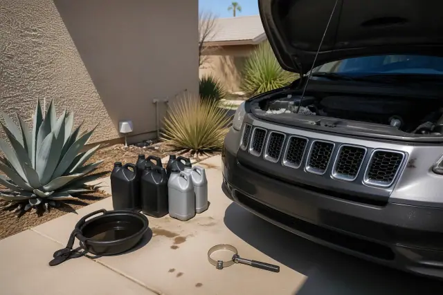 Technician changing high-capacity synthetic oil on a vehicle in a Phoenix, AZ driveway with an oil pan and filter wrench.