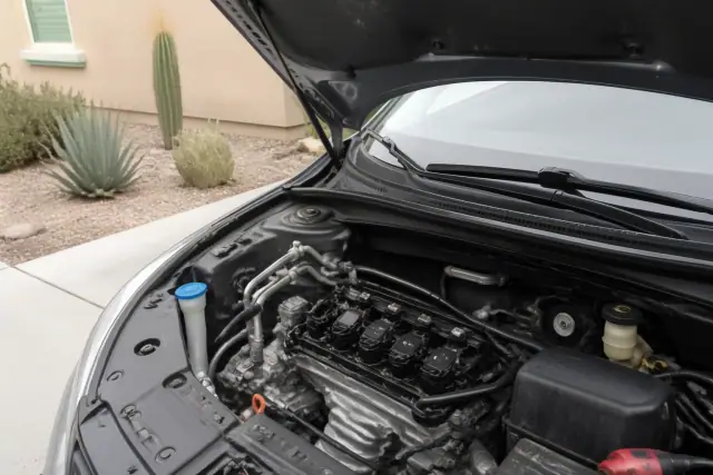 Technician performing an ignition coil replacement on a vehicle in a residential driveway in Phoenix, AZ.