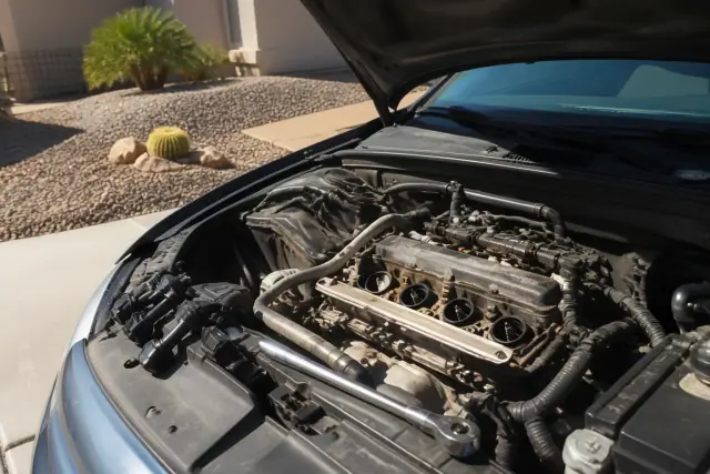 Iridium spark plugs installed in an engine bay during a vehicle repair at a residential home in Phoenix, AZ.