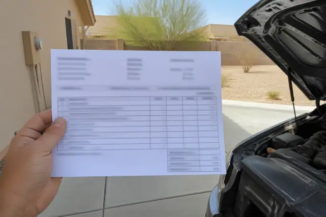Itemized contractor quote on a concrete pad by a house in Phoenix, AZ, with an open vehicle hood in the background.