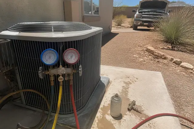 Technician checking vehicle AC refrigerant levels with gauges on a concrete pad at a residential home in Phoenix, AZ.