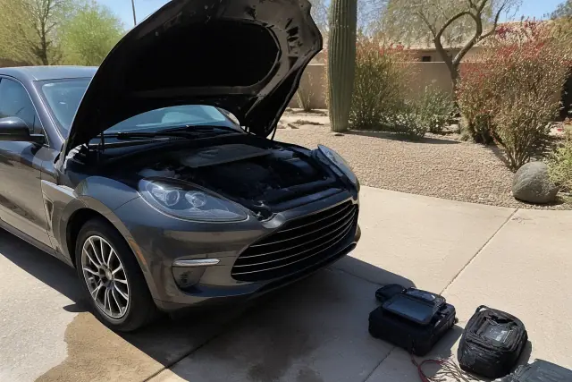 Technician performing a pre-purchase car inspection on a luxury vehicle in Phoenix, AZ.