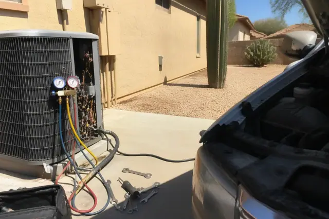 Technician repairing an HVAC unit on a concrete driveway in Phoenix, AZ, with tools and gauges on the ground.