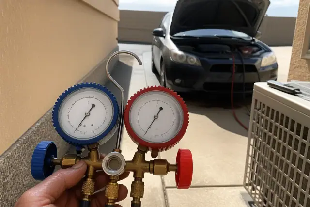 Manifold gauges connected to an AC unit for pressure testing in a paved utility area in Phoenix, AZ.