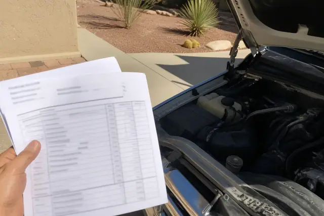 Mechanic holding an itemized repair estimate in front of a car with an open hood in Phoenix, AZ.