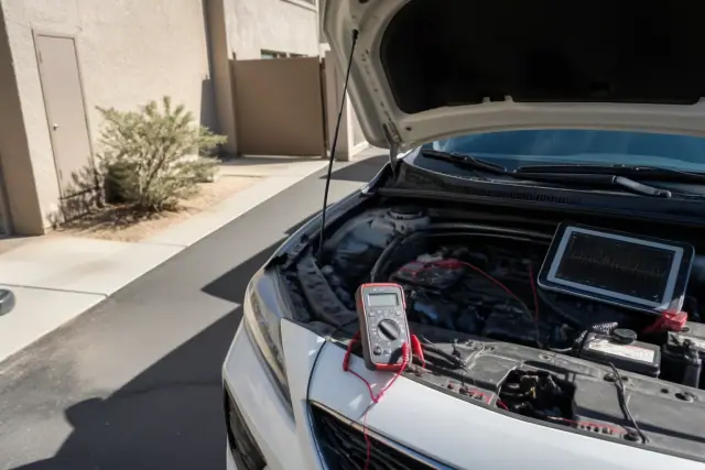 Diagnostic equipment testing on a vehicle ignition system in a paved utility area in Phoenix, AZ.