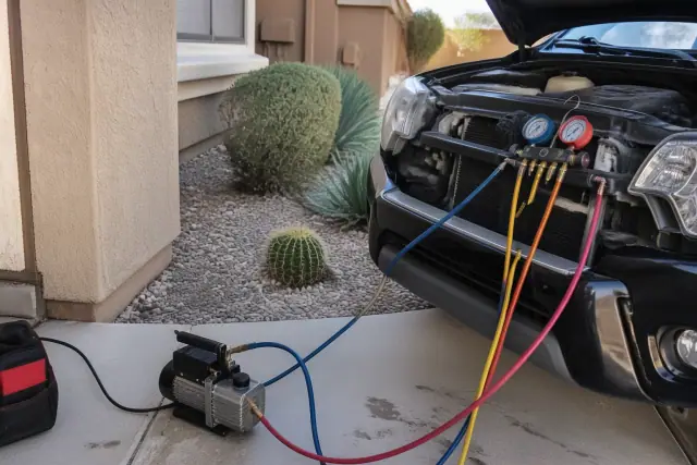 AC vacuum pump and gauge manifold connected to a vehicle for air conditioning repair in a Phoenix, AZ driveway.