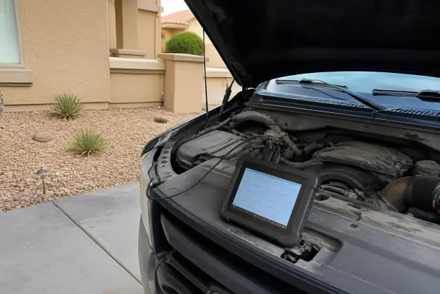 Diagnostic tablet showing OBD-II data on a car engine with the hood open at a residence in Phoenix, AZ.