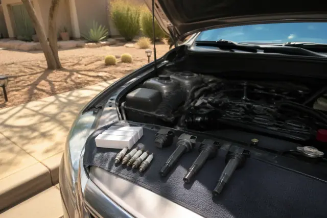 Spark plugs and ignition coils laid out on a rag by an open vehicle engine in a Phoenix, AZ driveway.