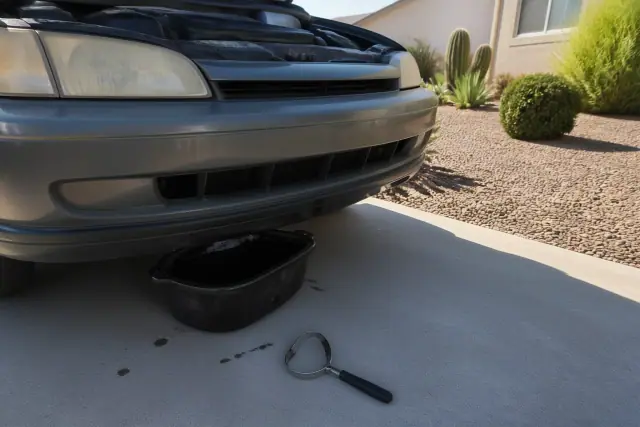 Mobile mechanic performing an oil change on a vehicle parked on a residential concrete pad in Glendale, AZ.