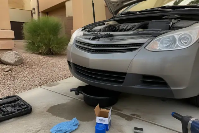 Mobile mechanic performing an oil change on a car in a residential driveway in Gilbert, AZ.