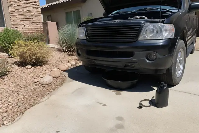An oil change in progress on a concrete driveway in Scottsdale, AZ, with an oil filter wrench and drain pan visible.
