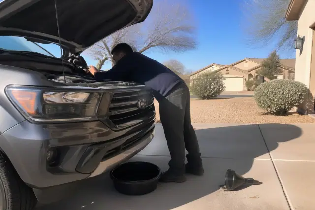 A mobile mechanic performs an oil change on a car in a residential driveway in Goodyear, AZ.