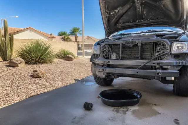 Mobile mechanic performing an oil change on a vehicle in a residential driveway in Mesa, AZ.