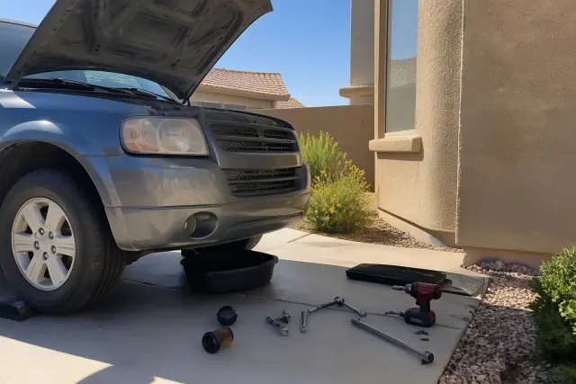 A mobile mechanic performs an oil change on a vehicle in a residential driveway in Avondale, AZ.