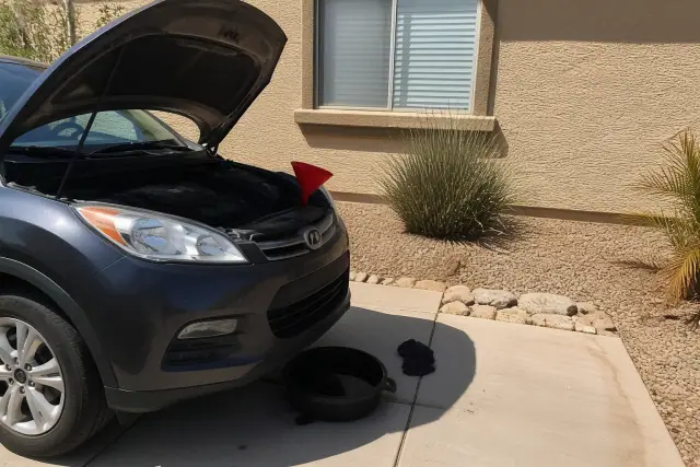 Technician changing oil on a vehicle parked on a residential concrete pad in Tempe, AZ.