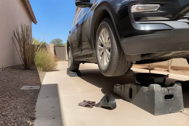 A mechanic performs an oil change on a car parked on ramps in a residential side yard in Peoria, AZ.