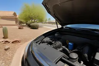 Open car hood revealing a clean engine bay with a new oil filter in a xeriscaped front yard in Phoenix, AZ.