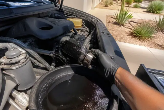 Oil filter replacement in progress on a vehicle engine in a Phoenix, AZ driveway.