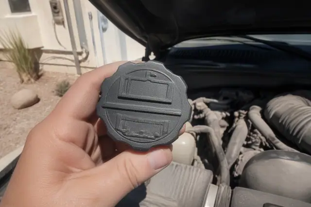 Plastic oil filler cap with geometric viscosity indicators on a vehicle engine in Phoenix, AZ.