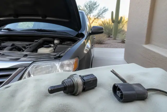 A car with its hood raised in a Phoenix, AZ driveway, featuring an oil-condition sensor placed on a rag.