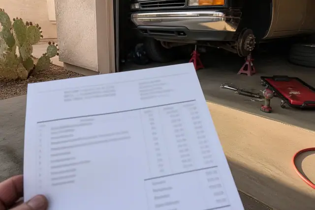 Itemized parts and labor invoice grid on a garage floor in Phoenix, AZ.