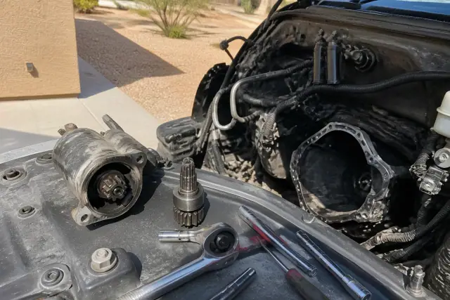 Starter motor pinion gear repair on a vehicle engine in Phoenix, AZ, with tools on a residential concrete pad.