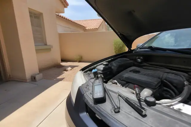 A car undergoing a pre-purchase inspection with tools and an OBD-II scanner at a home in Gilbert, AZ.