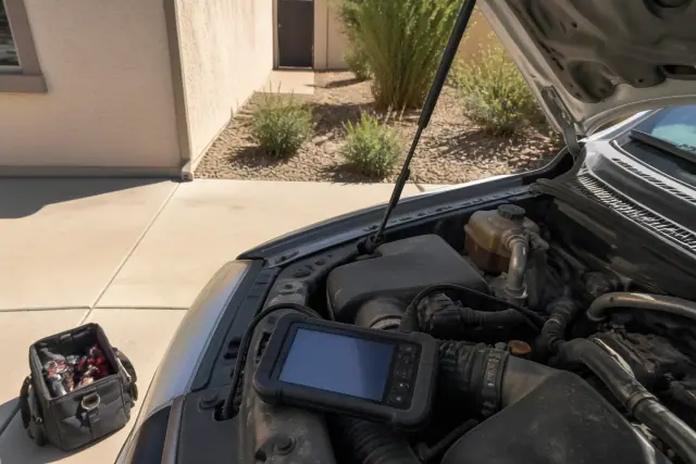 Mobile mechanic performing a pre-purchase car inspection on a vehicle in a Chandler, AZ driveway.