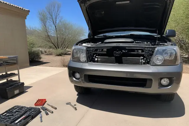 Mobile mechanic inspecting a car with the hood raised on a concrete pad at a home in Scottsdale, AZ.