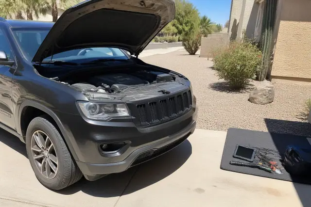 Mobile mechanic inspecting a car with the hood open on a driveway in Glendale, AZ.