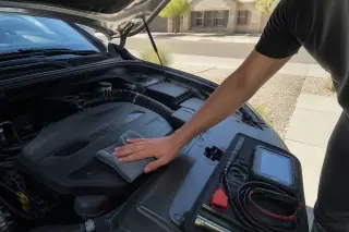 Technician wiping an engine cover with a microfiber cloth near organized diagnostic tools in Phoenix, AZ.