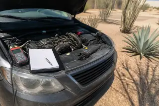 Open hood of a car with an OBD-II scanner and inspection checklist on a fender in a Phoenix, AZ driveway.