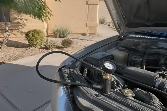 Contractor performing a radiator cap pressure test on a vehicle in a driveway in Phoenix, AZ.