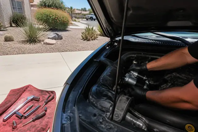 Technician installing a quality aftermarket starter in a vehicle engine bay at a home in Phoenix, AZ.
