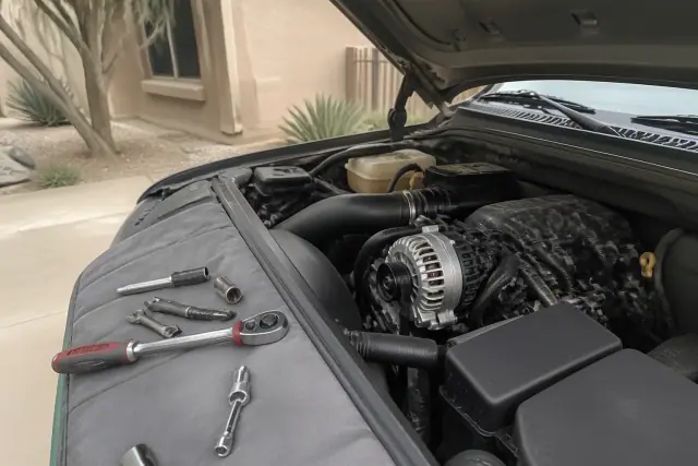 Technician installing a remanufactured alternator in a vehicle engine bay at a home in Phoenix, AZ.