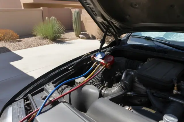 Technician performing an R-1234yf AC recharge on a vehicle engine bay at a residence in Phoenix, AZ.