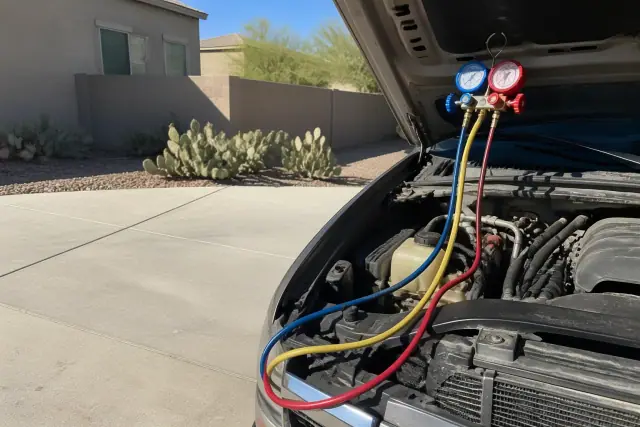 A vehicle undergoing R-134a refrigerant service with pressure gauges on a concrete pad in Phoenix, AZ.