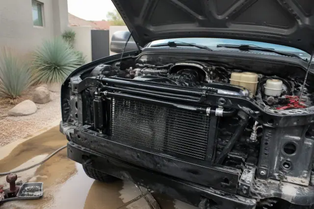 Technician cleaning a vehicle radiator and installing performance hoses at a home in Phoenix, AZ.