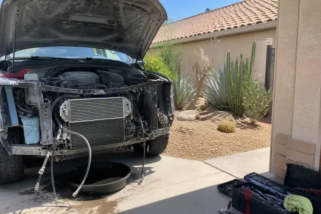 Vehicle with open hood undergoing radiator repair on a concrete pad in Phoenix, AZ.