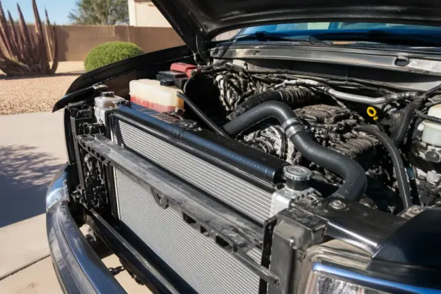 Technician performing radiator and cooling system repair on a vehicle in an Avondale, AZ driveway.
