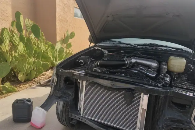 Vehicle with its hood open for a radiator repair on a concrete pad at a home in Mesa, AZ.