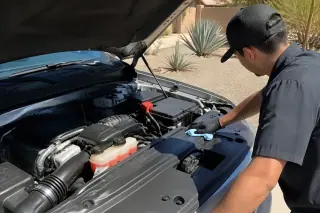 Technician performing a final inspection of a clean engine cooling system in a Phoenix, AZ driveway.