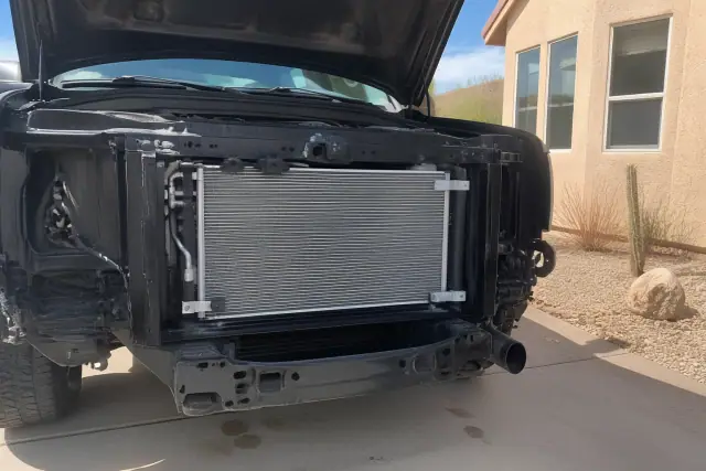A vehicle with its hood open for radiator replacement in a residential yard in Phoenix, AZ.