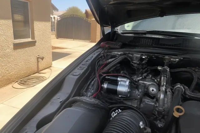 A rebuilt starter installed in a vehicle engine bay at a residential home driveway in Phoenix, AZ.