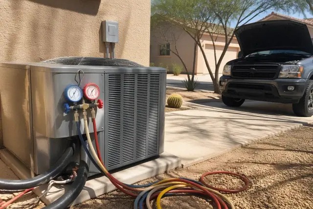 Manifold gauges attached to an HVAC condenser unit during a refrigerant repair at a home in Phoenix, AZ.
