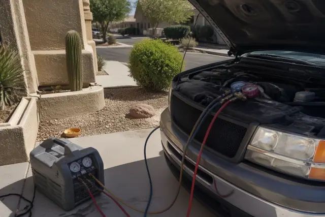 Technician recovering refrigerant from a car AC system on a residential property in Phoenix, AZ.